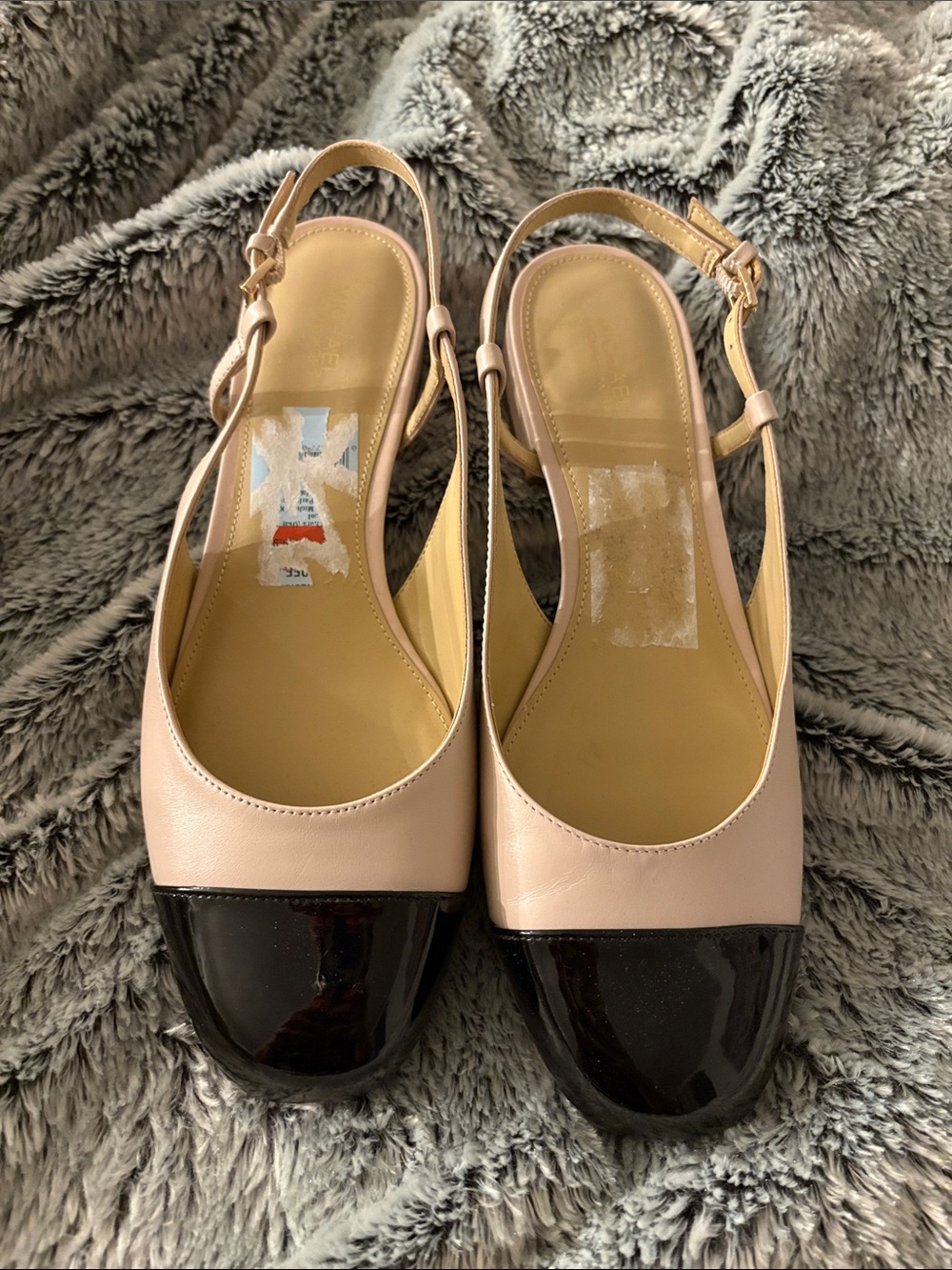 Michael Kors Two-Tone Slingback Mules in beige and Black Patent